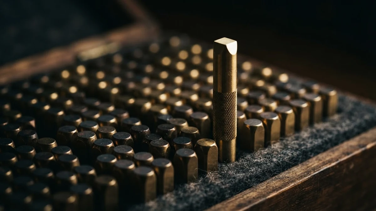 One brass punch stamp standing among blanks, illustrating a unique code point