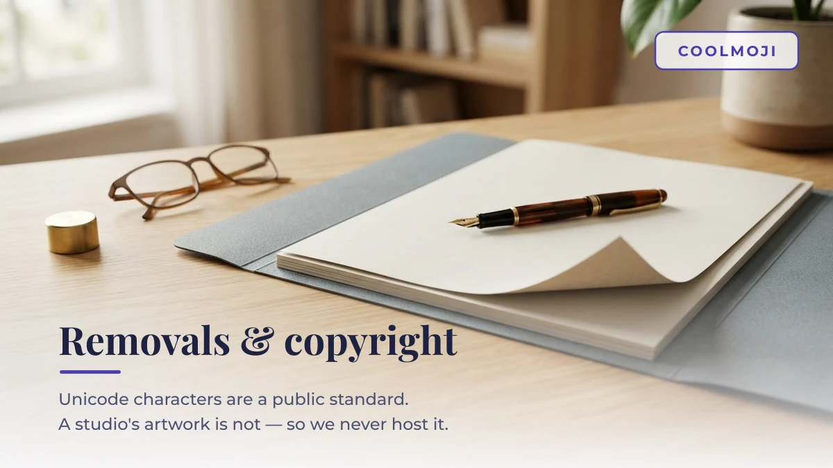 How COOLMOJI handles content removal and copyright complaints Desk with documents and a pen representing COOLMOJI content removal and copyright requests