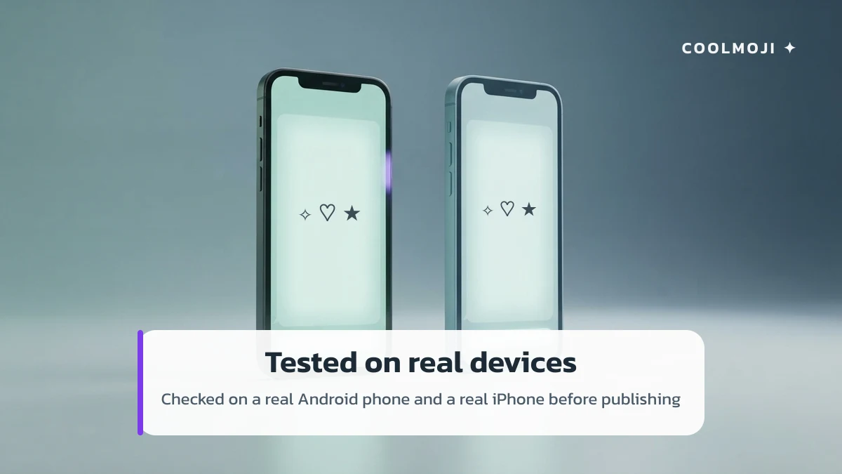 Two phones showing the same COOLMOJI symbols rendering identically on Android and iPhone