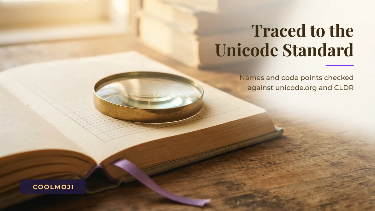 Open reference book and magnifier illustrating COOLMOJI checking symbols against the Unicode Standard
