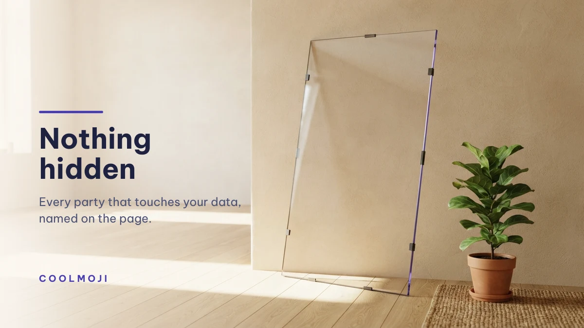 Clear glass pane in a sunlit room, illustrating COOLMOJI transparency about data processors