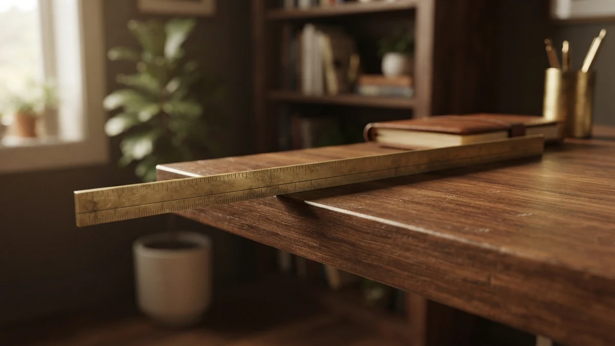 A brass ruler overhanging a desk edge, illustrating a divider too wide for the field A brass ruler overhanging a desk edge, illustrating a divider too wide for the field
