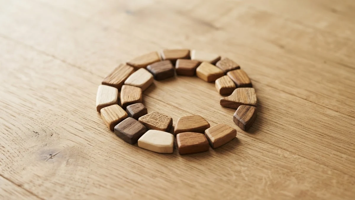Wooden tiles suggesting an incomplete shape, illustrating how a kaomoji is assembled from marks