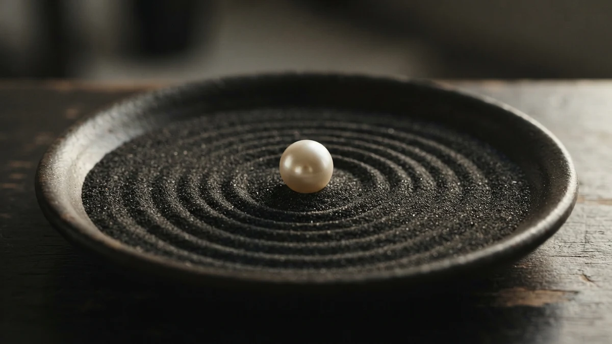 A single pearl in dark sand, illustrating one subject and one texture in a combo