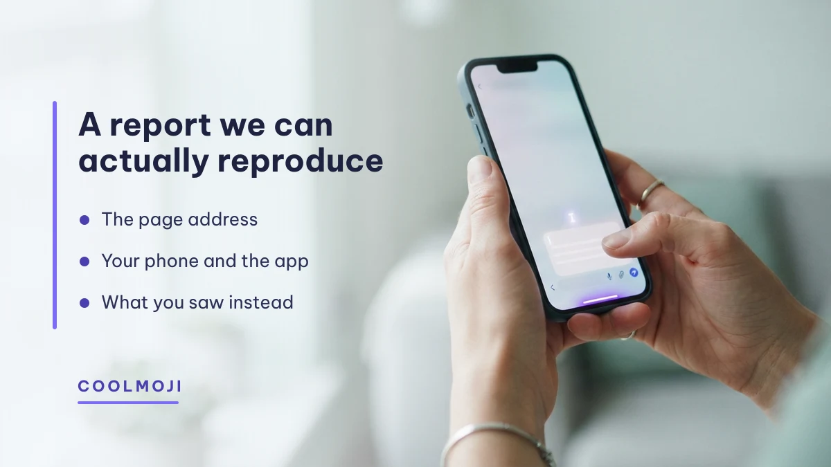 What to include when you report a broken symbol to COOLMOJI Person holding a phone while writing a symbol report to COOLMOJI support