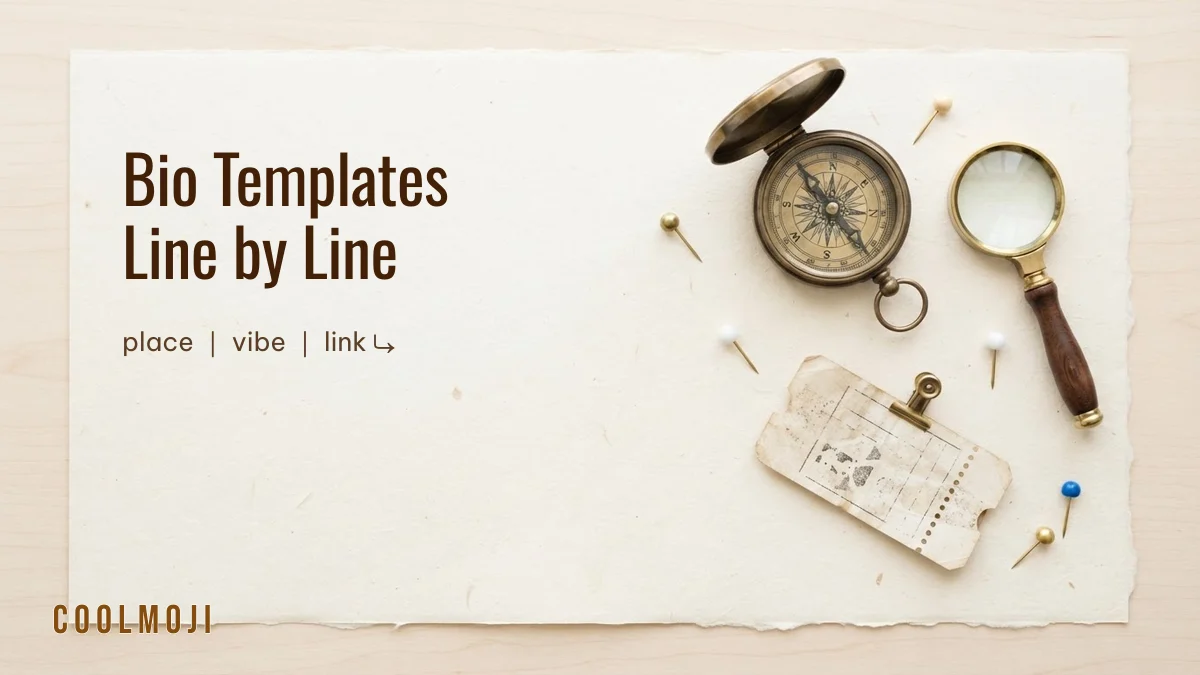 Bio templates with emoji line markers on cream paper with a compass and map pins