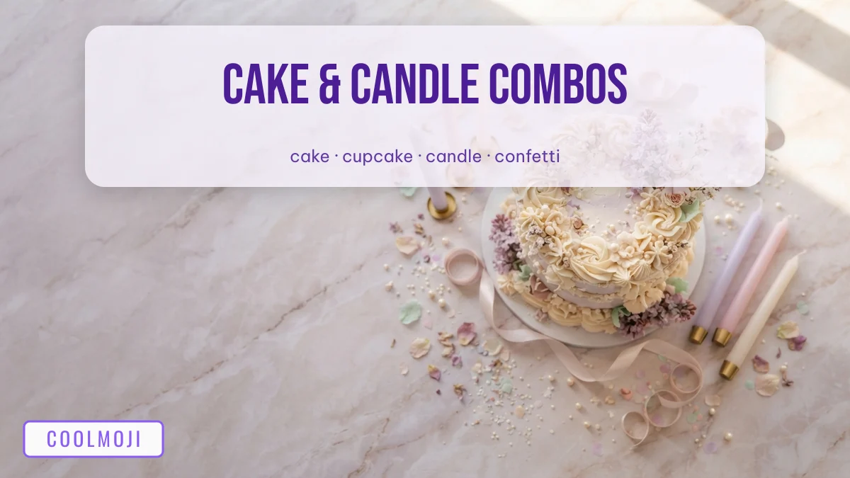 Birthday cake and candle emoji combos on a pastel marble table