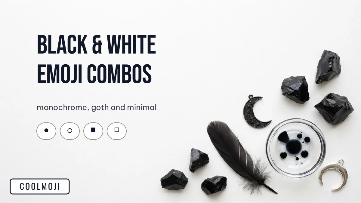 Black and white emoji combos illustrated with obsidian stones, a black feather and a crescent charm