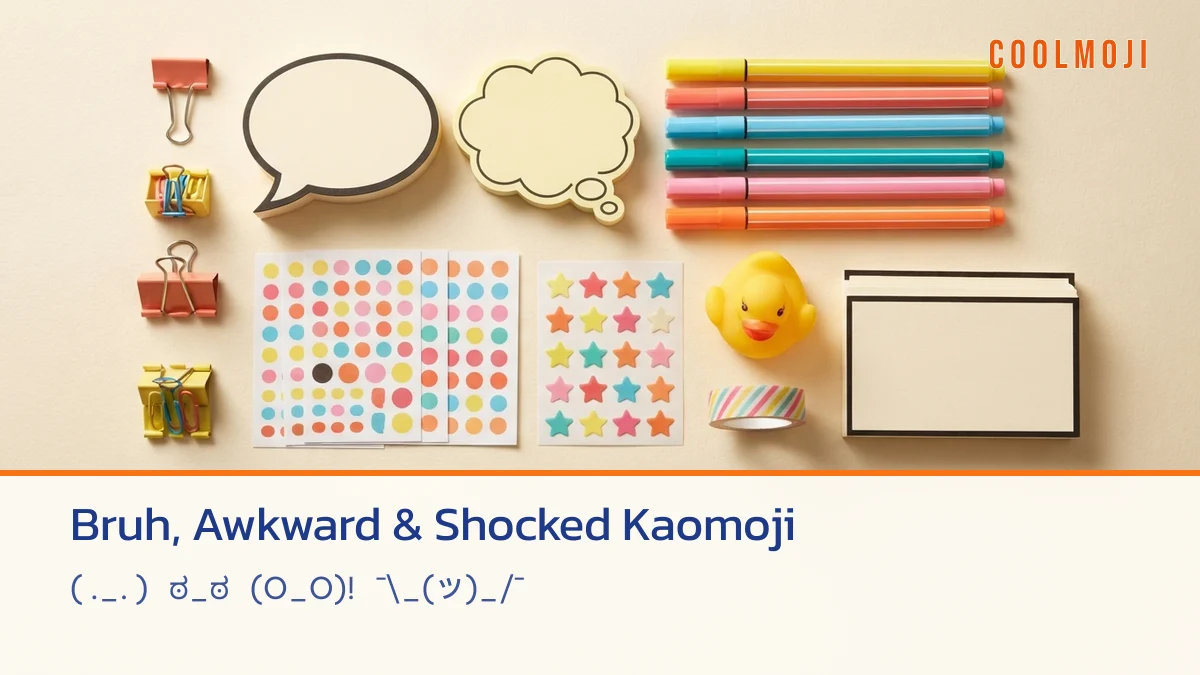 Bruh, awkward and shocked kaomoji reactions over comic speech-bubble stationery