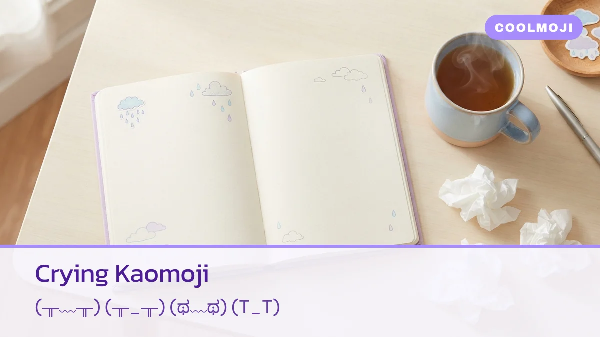 Crying kaomoji text faces such as (╥﹏╥) beside a notebook and tissues