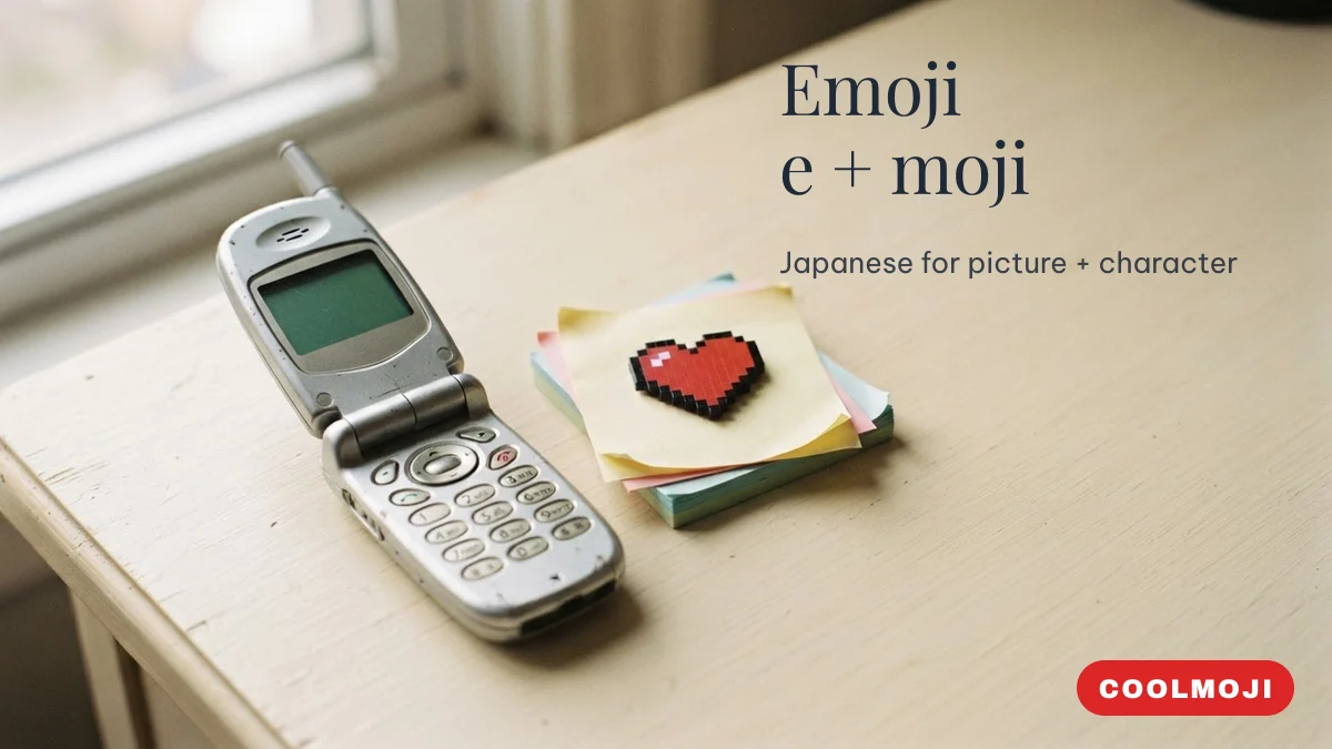Emoji history illustrated with a late-1990s flip phone and a pixel heart