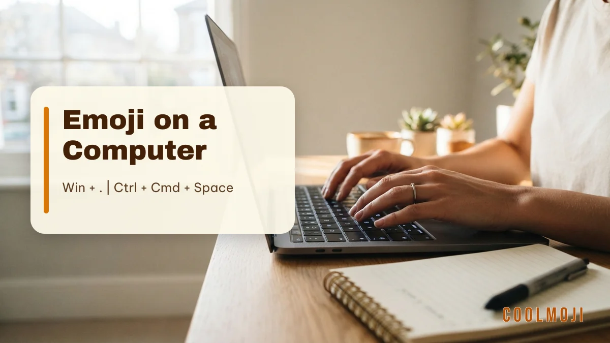 Emoji keyboard shortcut for Windows and Mac shown over a laptop keyboard