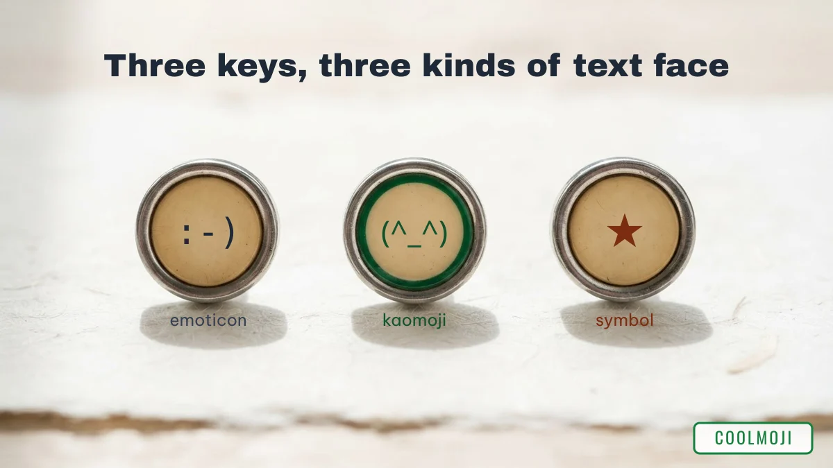 Emoticon, kaomoji and symbol compared on three vintage typewriter keys