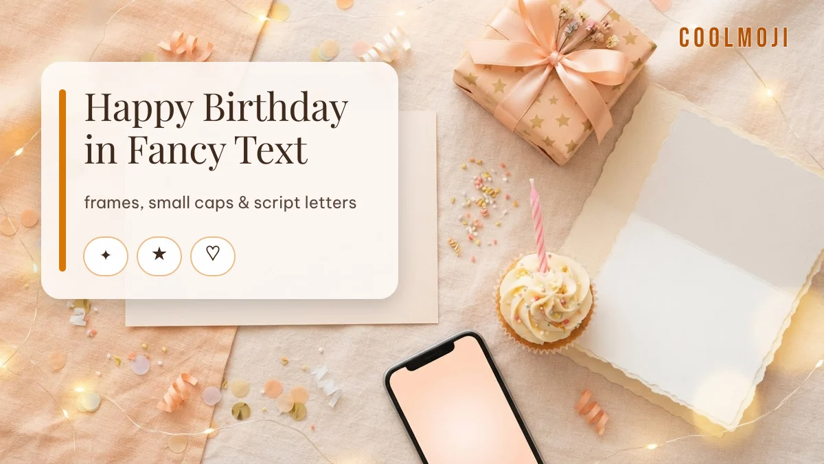 Happy birthday fancy text combos next to a wrapped gift, cupcake and blank card