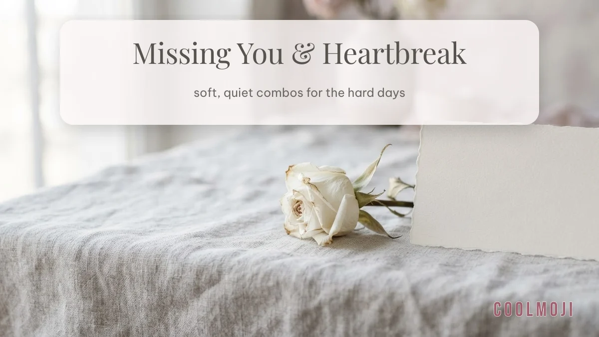 Missing you and heartbreak emoji combos illustrated with a wilted white rose and a blank card