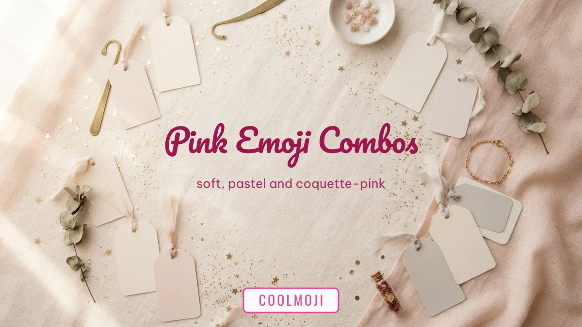 Pink aesthetic emoji combos on a blush flat-lay with gold stars and gift tags