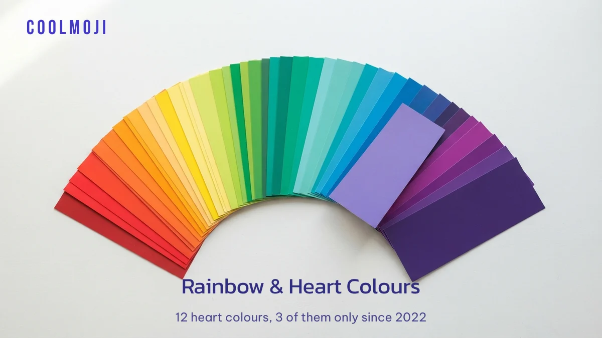 Rainbow emoji combos and the twelve colour heart emoji shown as a fan of paint swatches