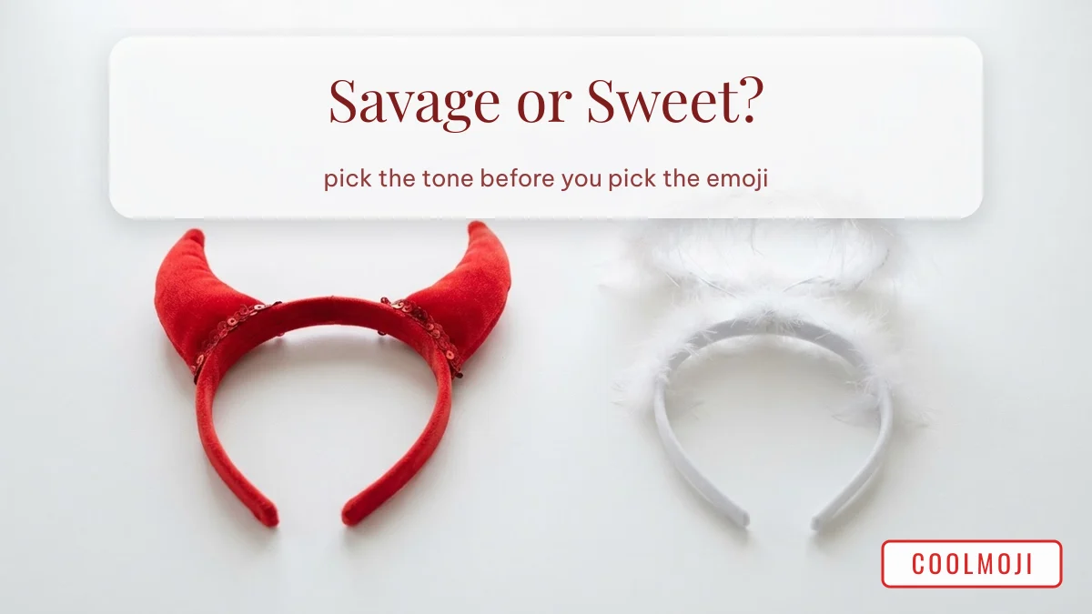 Savage vs sweet emoji combos shown as devil horns and an angel halo