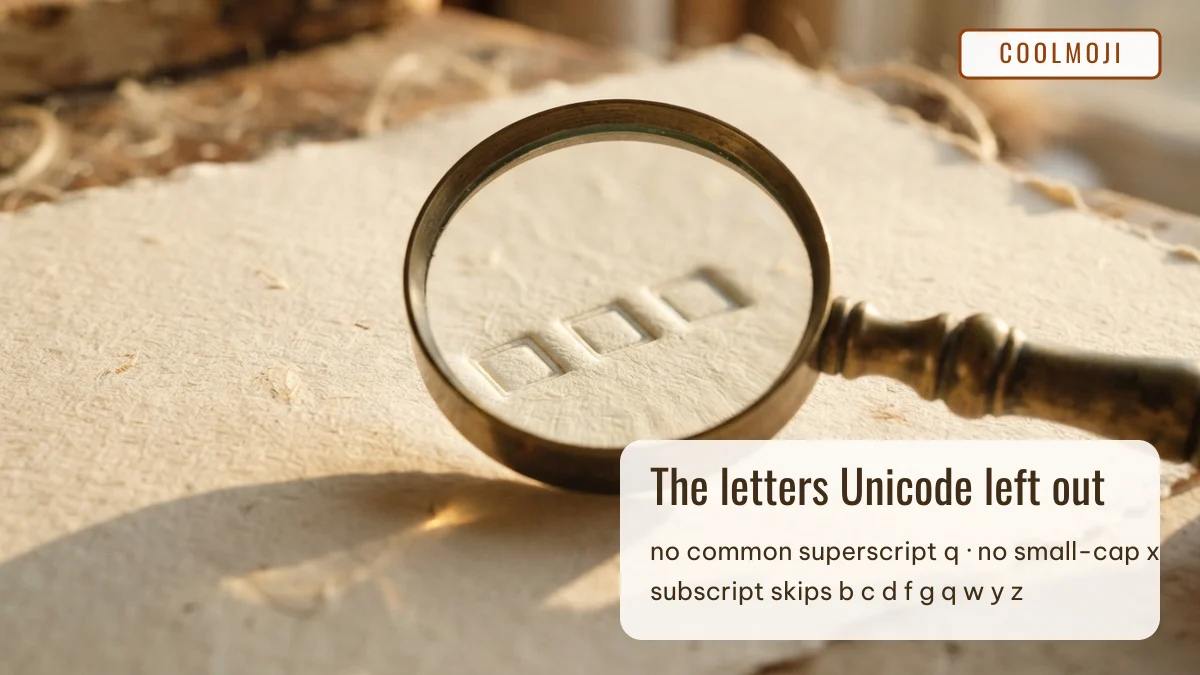Small text missing letters in Unicode shown under a magnifying glass