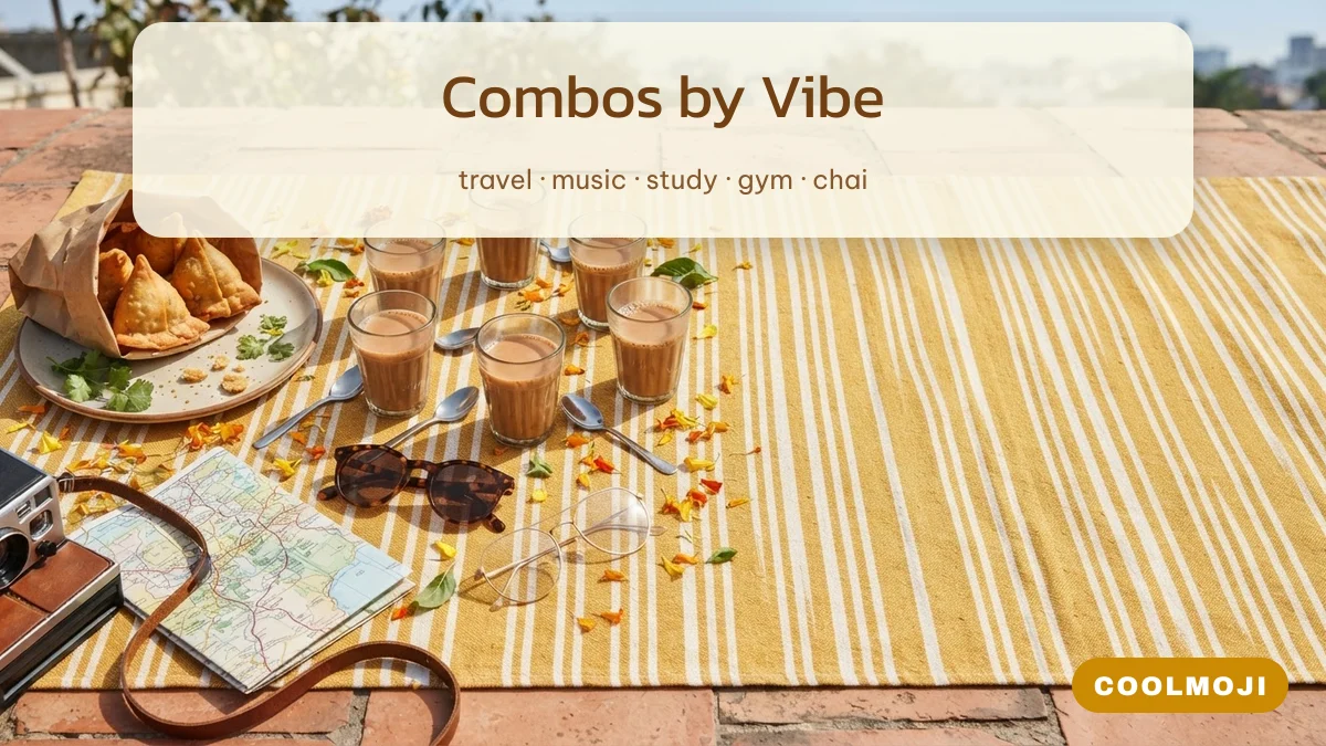 Travel, music and study bio emoji combos shown on a rooftop chai and samosa spread